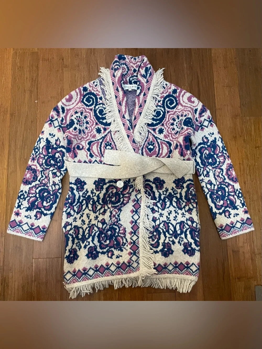 Hale Bob Sweater Jacket S Fringed HaisleyPink Blue Spectacular Cardigan